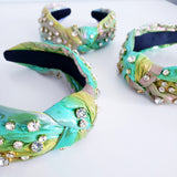 Green iridescent crystal knotted thick headband hair accessory