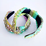 Green iridescent crystal knotted thick headband hair accessory