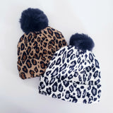 Leopard knitted hat with Black POM POM