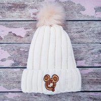Waffle mouse Cream WINTER HAT / Embroidered with POM POM