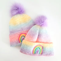 RAINBOW embroidered Pastel knitted hat with POM POM