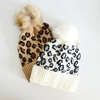 Leopard knitted hat with removable POM POM