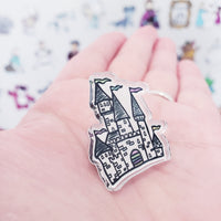 Castle doodle pin / acrylic pin (1.25 inches x 1. inches) with metal backing.