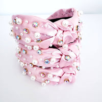 Pink Crystal and Pearl knotted thick headband hair accessory