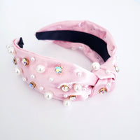 Pink Crystal and Pearl knotted thick headband hair accessory