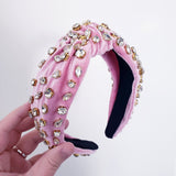 Velvet Pink Crystal and Gold knotted thick headband hair accessory