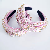 Velvet Pink Crystal and Gold knotted thick headband hair accessory
