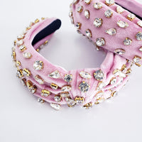 Velvet Pink Crystal and Gold knotted thick headband hair accessory