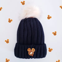 Waffle mouse black WINTER HAT / Embroidered with POM POM